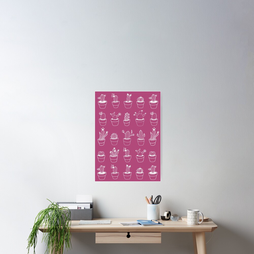 Hand Drawn Cactuses Pattern Dark Pink Poster