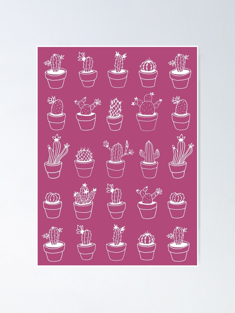 Alternate view of Hand Drawn Cactuses Pattern Dark Pink Poster