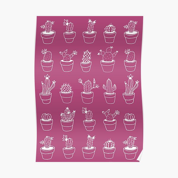Hand Drawn Cactuses Pattern Dark Pink Poster