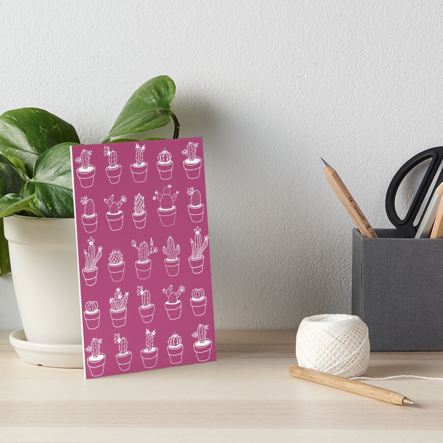 Hand Drawn Cactuses Pattern Dark Pink Art Board Print