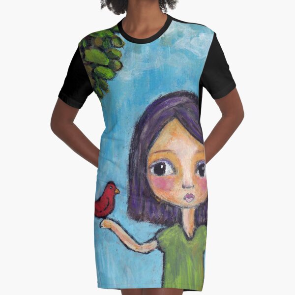 Girl and a Red Bird Graphic T-Shirt Dress