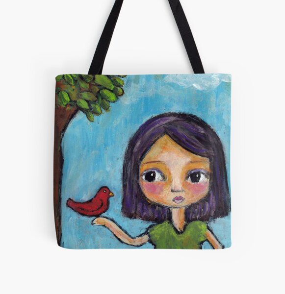 Girl and a Red Bird All Over Print Tote Bag