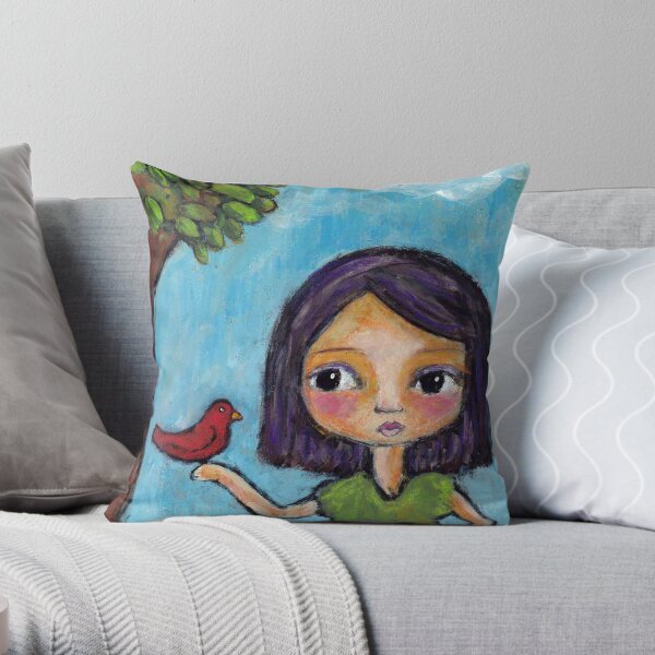 Girl and a Red Bird Throw Pillow