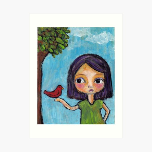 Girl and a Red Bird Art Print