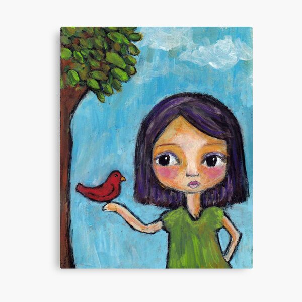 Girl and a Red Bird Canvas Print