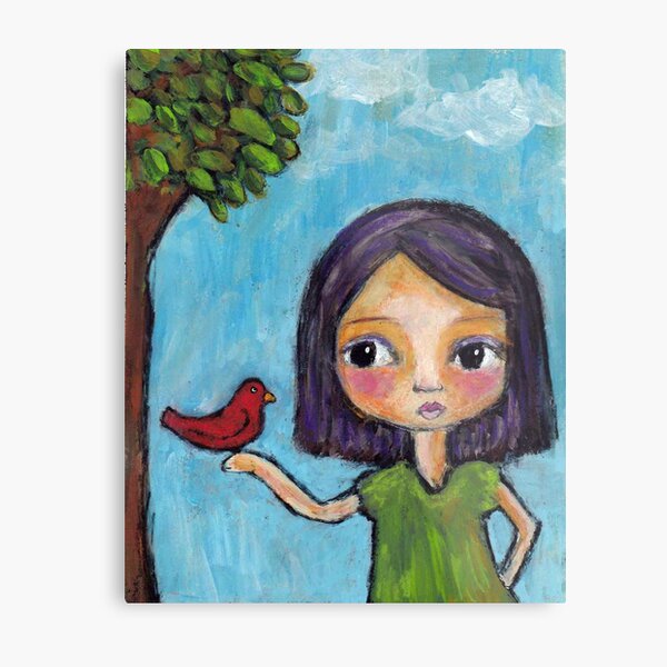 Girl and a Red Bird Metal Print