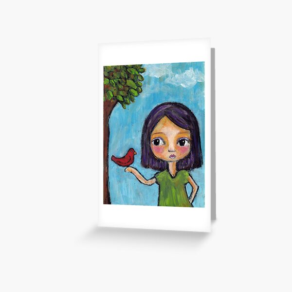 Girl and a Red Bird Greeting Card