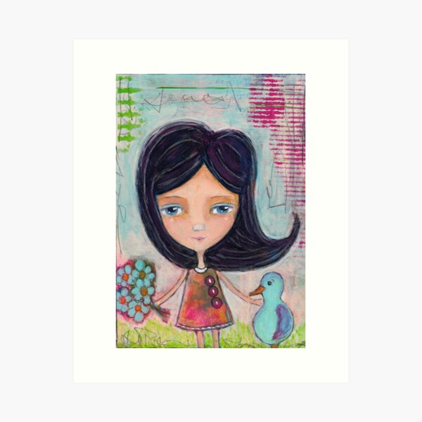Girl and a Bluebird Painting Art Print