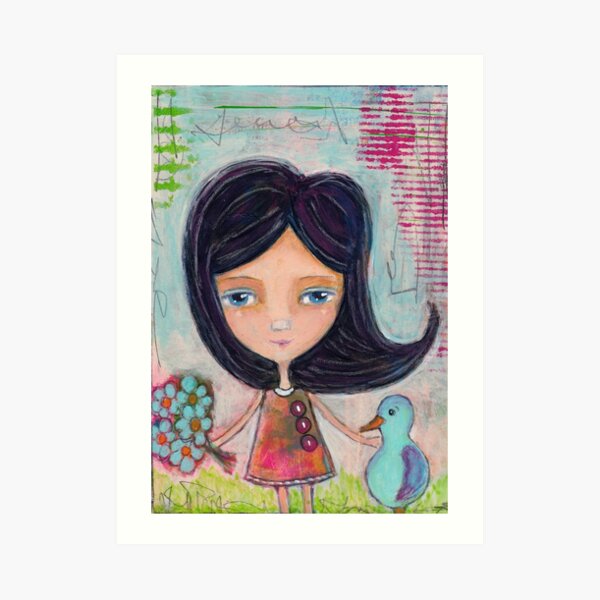 Girl and a Bluebird Painting Art Print