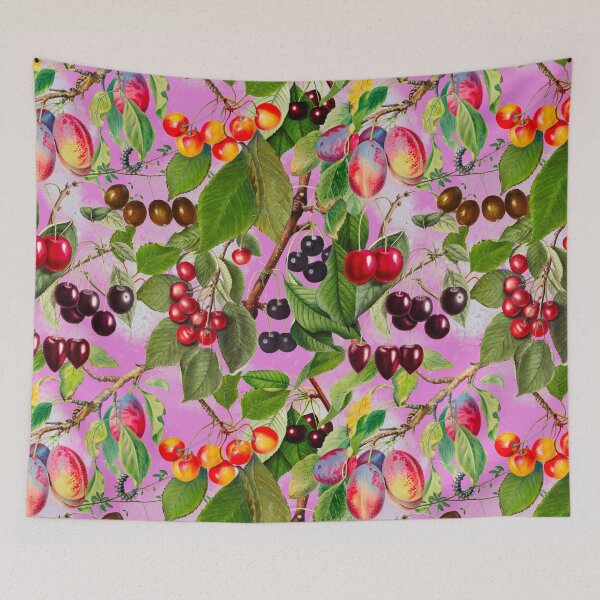 Item preview, Exotic tropical floral leaves and fruits, botanical pattern, tropical plants, pink fruit pattern designed and sold by ZeinabTaha.