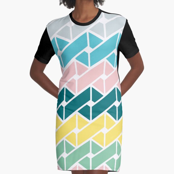 Geometric Link Pattern Teal Pink Turquoise Green Yellow Graphic T-Shirt Dress