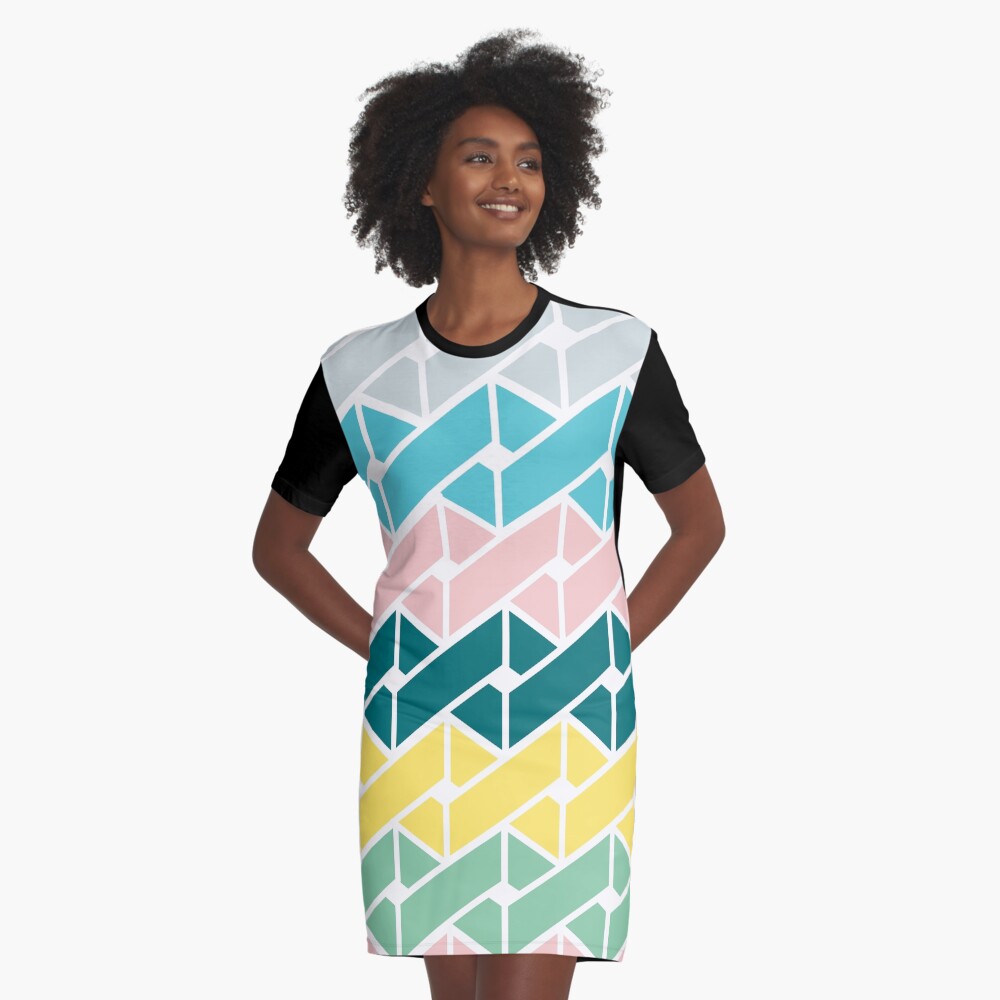 Geometric Link Pattern Teal Pink Turquoise Green Yellow Graphic T-Shirt Dress