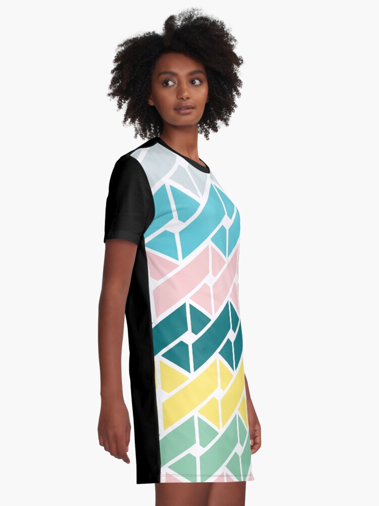 Alternate view of Geometric Link Pattern Teal Pink Turquoise Green Yellow Graphic T-Shirt Dress