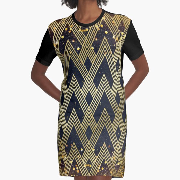 Art Deco 1920s Geometric Pattern Gold Glitter Stars Graphic T-Shirt Dress