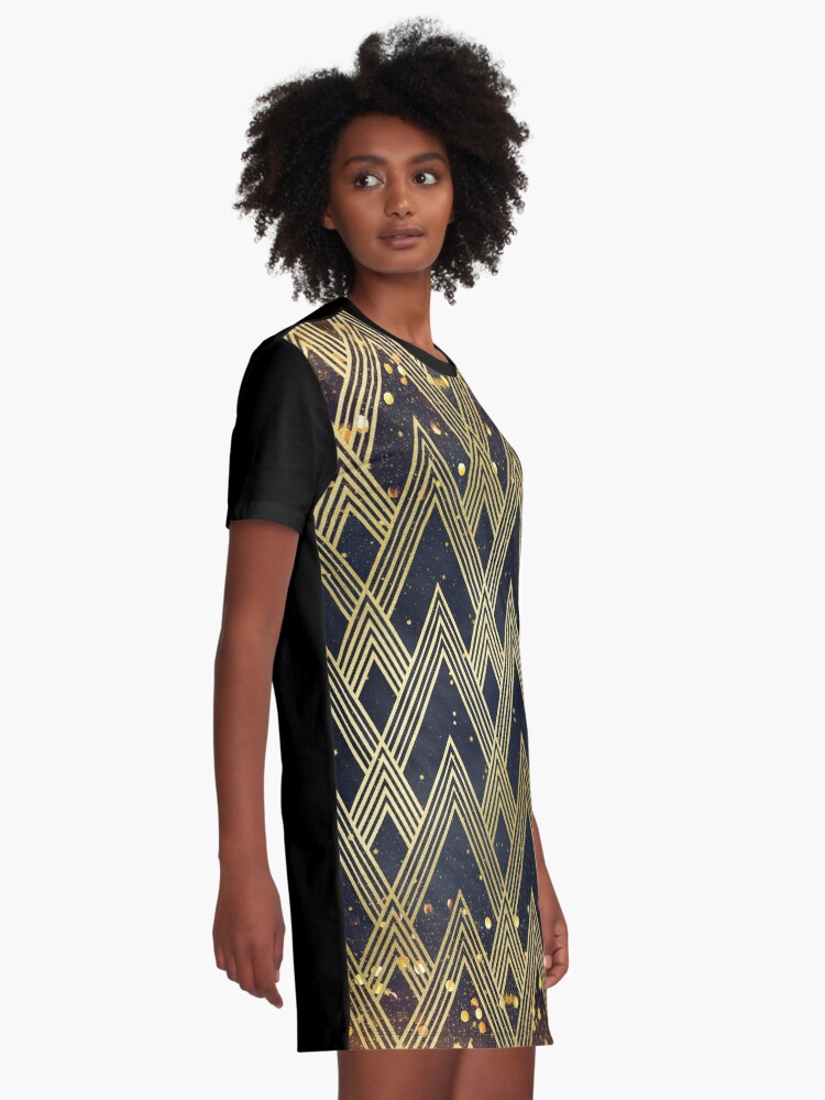 Alternate view of Art Deco 1920s Geometric Pattern Gold Glitter Stars Graphic T-Shirt Dress