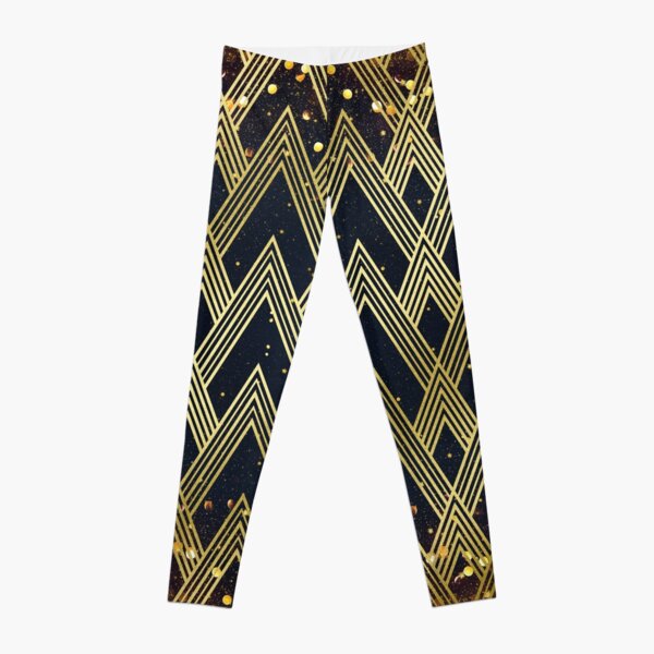 Art Deco 1920s Geometric Pattern Gold Glitter Stars Leggings