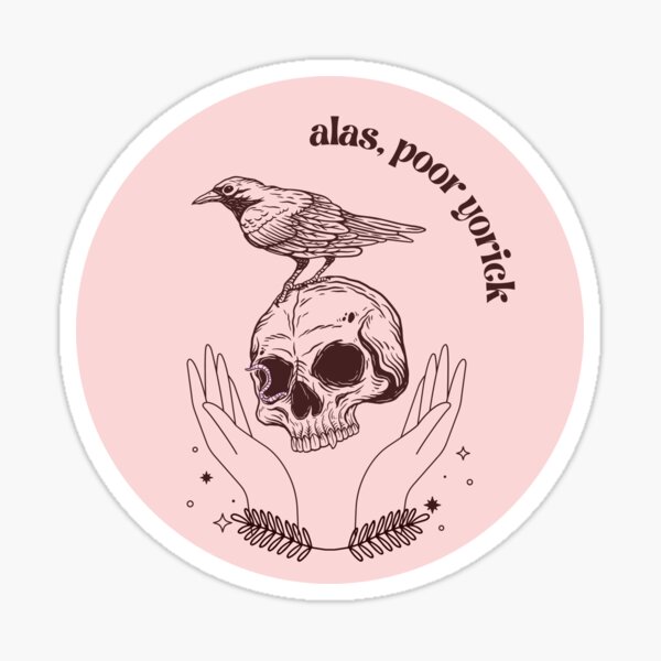 Vista previa del artículo con la obra «Ay, Pobre Yorick Hamlet Cita Calavera Manos Gusano y Cuervo ilustración», diseñado y vendido por dewwydesigns.