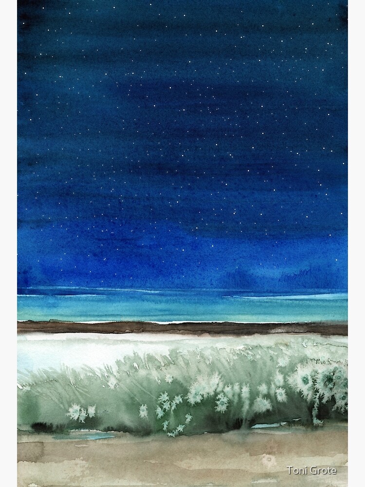 "Night Sky Beach Lake Watercolor Painting" Poster for Sale by