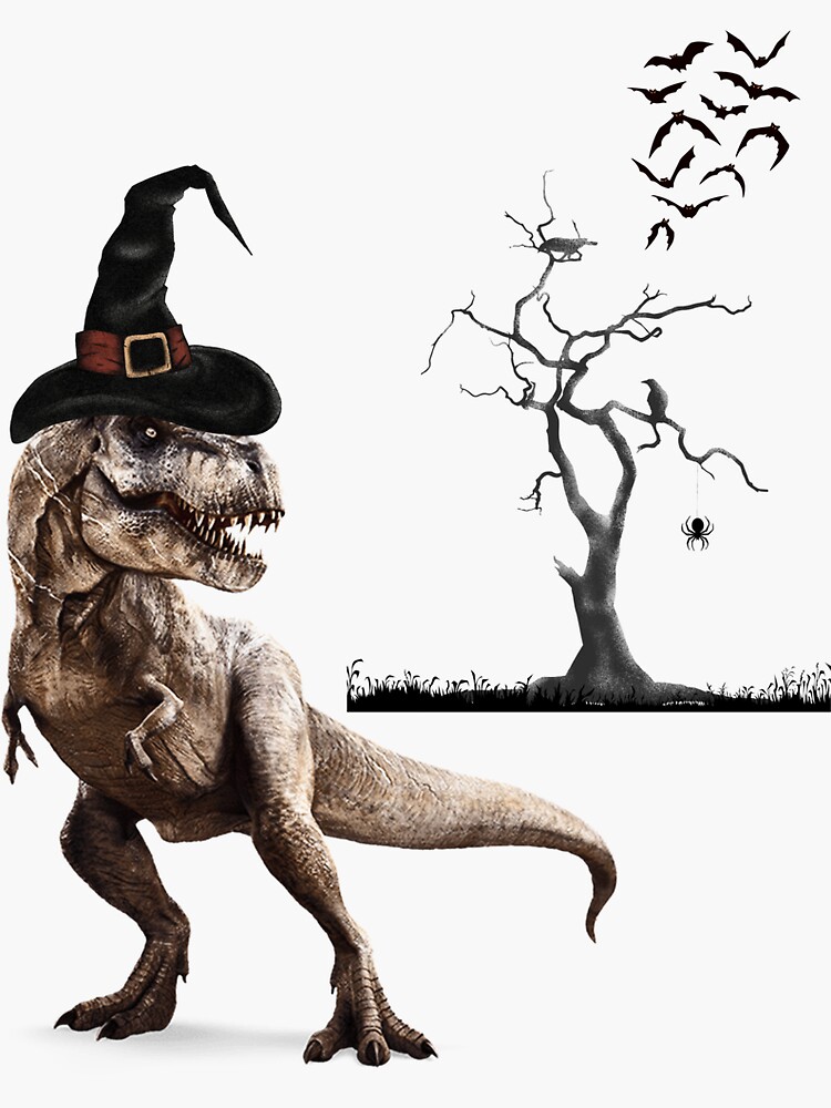 "Skeleton Riding Dinosaur Bones Halloween spooky Dinosaur" Sticker for