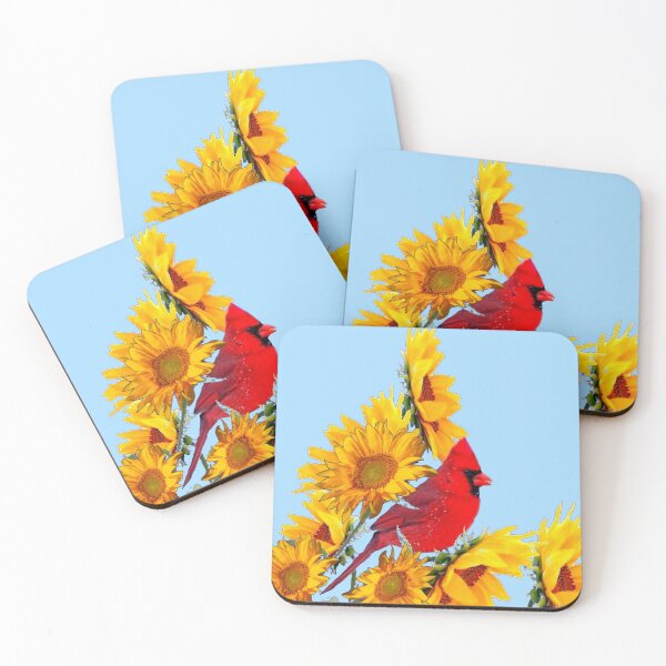 Item preview, AWESOME RED CARDINAL YELLOW SUNFLOWERS BLUE ART designed and sold by sharlesart.