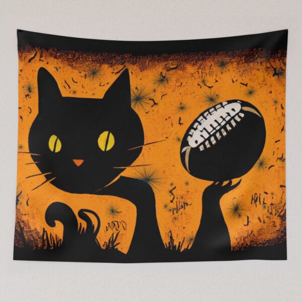Item preview, Black Halloween cat holds up football designed and sold by RileyKyler.