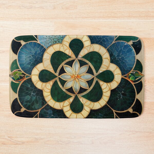 Flower Mosaic Pattern with Jade, Mother of Pearl and Gold Trim Bath Mat