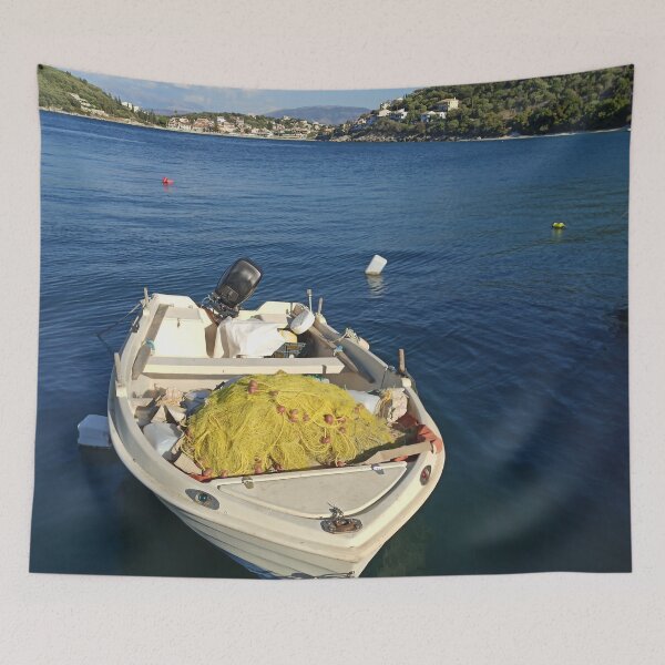 Item preview, Greek Fishing Boat Kassiopi Corfu Greece Poster Art designed and sold by nickbrayimages.