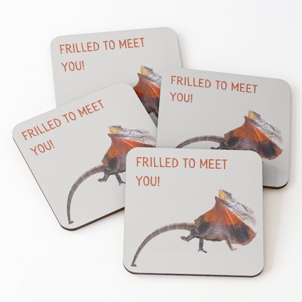 Item preview, Frilled (Thrilled) to meet you. Photograph of a frill necked lizard and burnt orange text. designed and sold by JellyBeenzz.