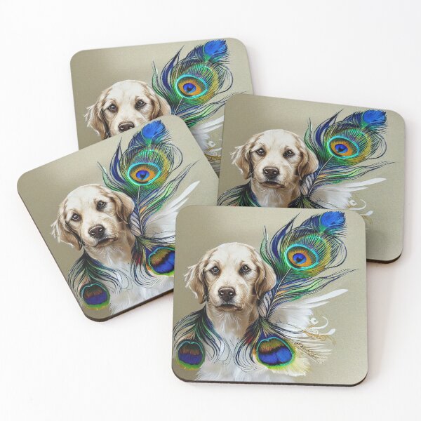 Item preview, Dog with peacock angle feathers, alcohol ink illustration, golden retriever  designed and sold by theplanetlove.