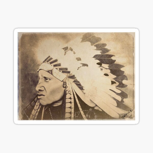 A Native American, Cherokee Indian Chief - sepia-toned Pencil Drawing Sticker