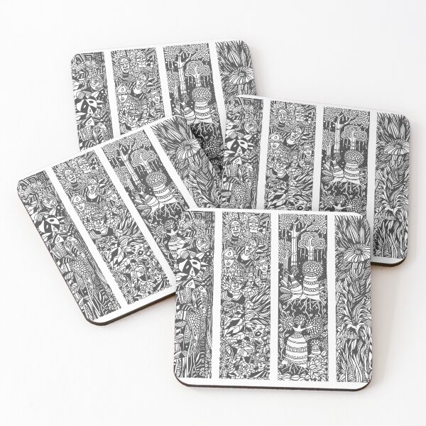Item preview, Forest Life Theme  of Four Illustrative panels is a Composition of trees, leaves, vines, tribal people and Overall Jungle Surrounding.  designed and sold by Wiggly Lines.