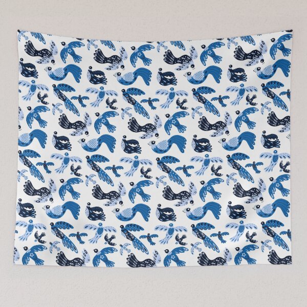 Item preview, Blue fancy birds pattern designed and sold by LaBelleMaison.