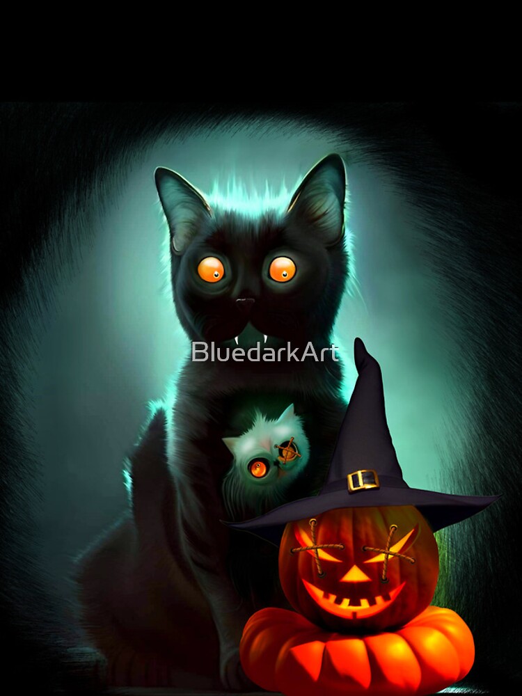 Vampire Cat and Wizard Pumpkin Halloween Surreal Art by BluedarkArt