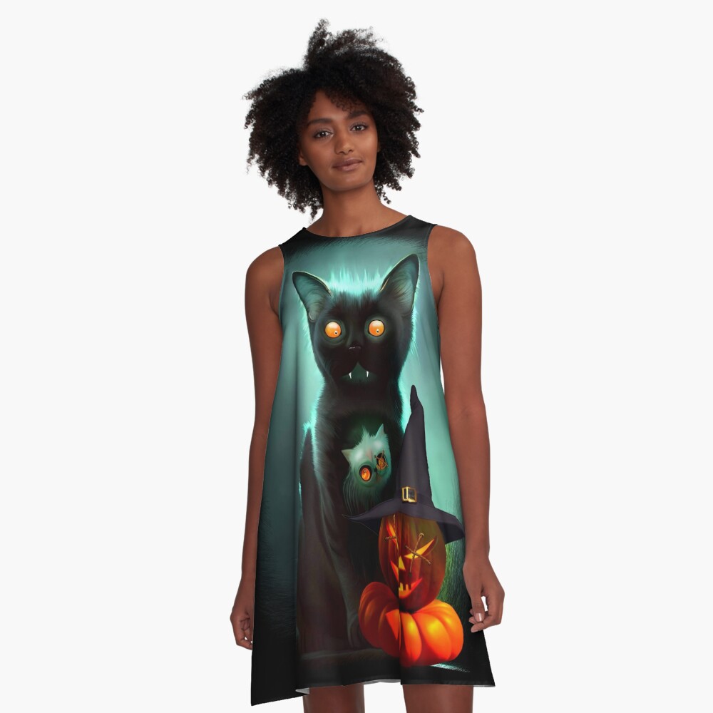 Vampire Cat and Wizard Pumpkin Halloween Surreal Art A-Line Dress