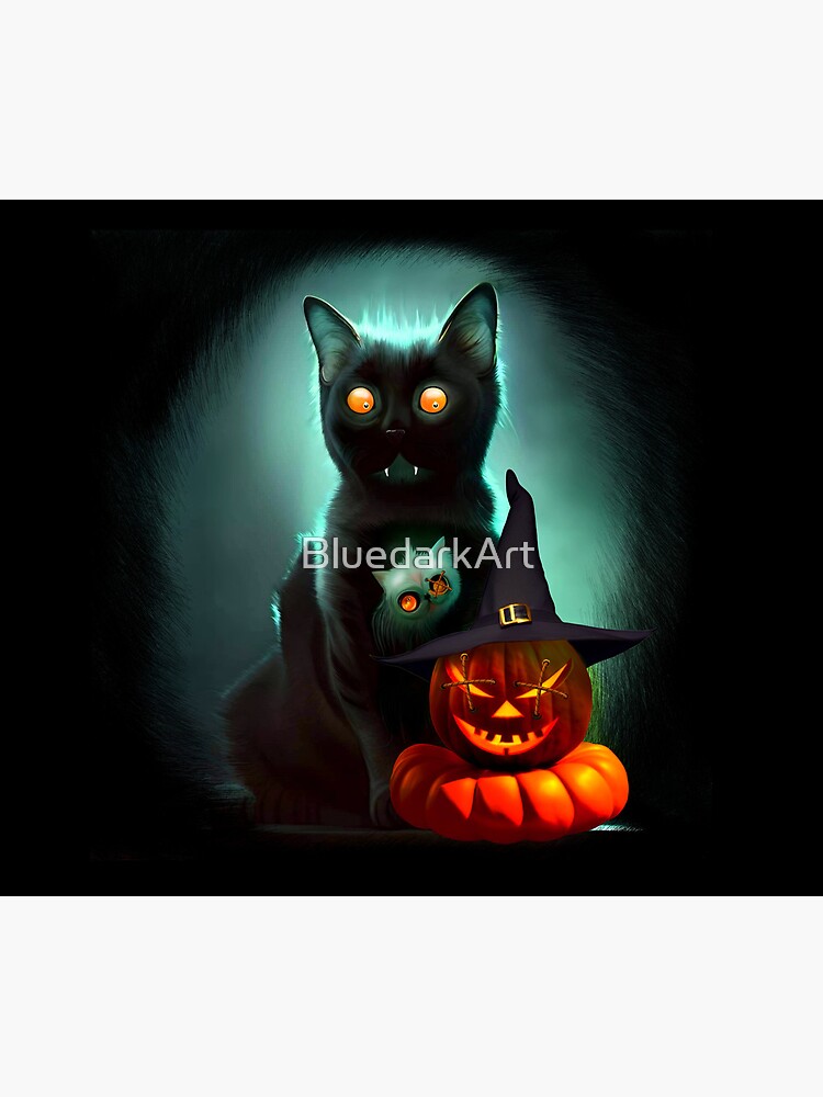 Vampire Cat and Wizard Pumpkin Halloween Surreal Art by BluedarkArt