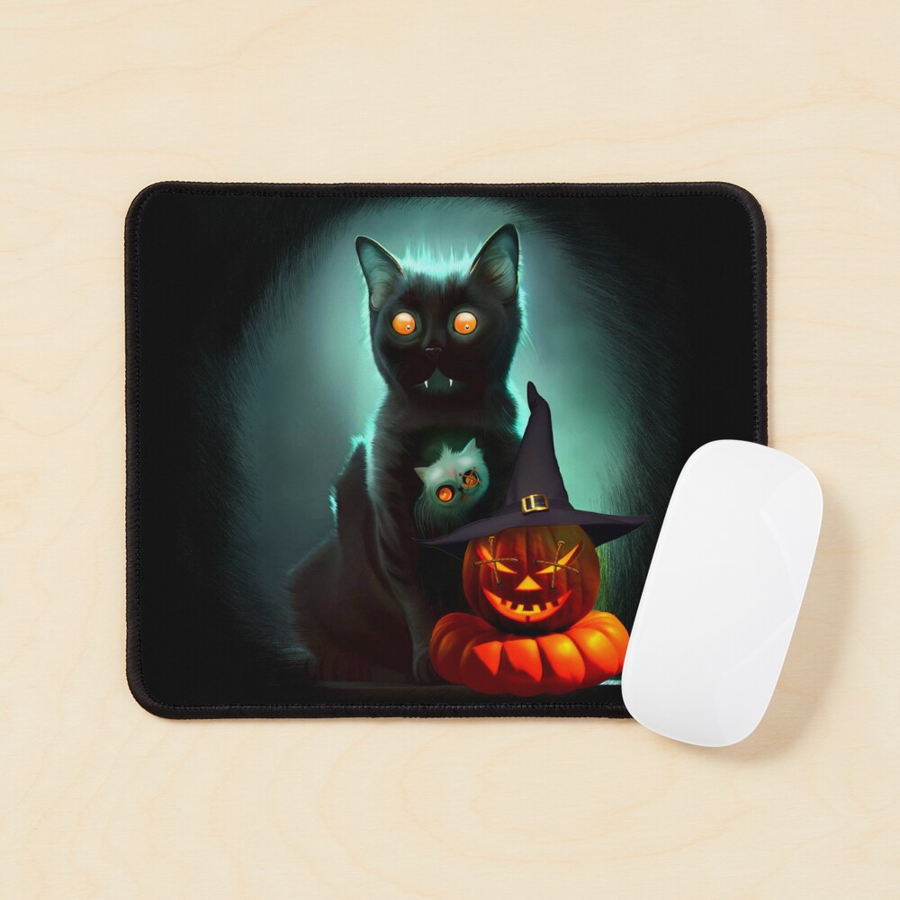 Vampire Cat and Wizard Pumpkin Halloween Surreal Art Mouse Pad
