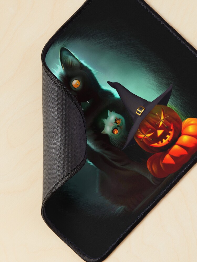 Alternate view of Vampire Cat and Wizard Pumpkin Halloween Surreal Art Mouse Pad