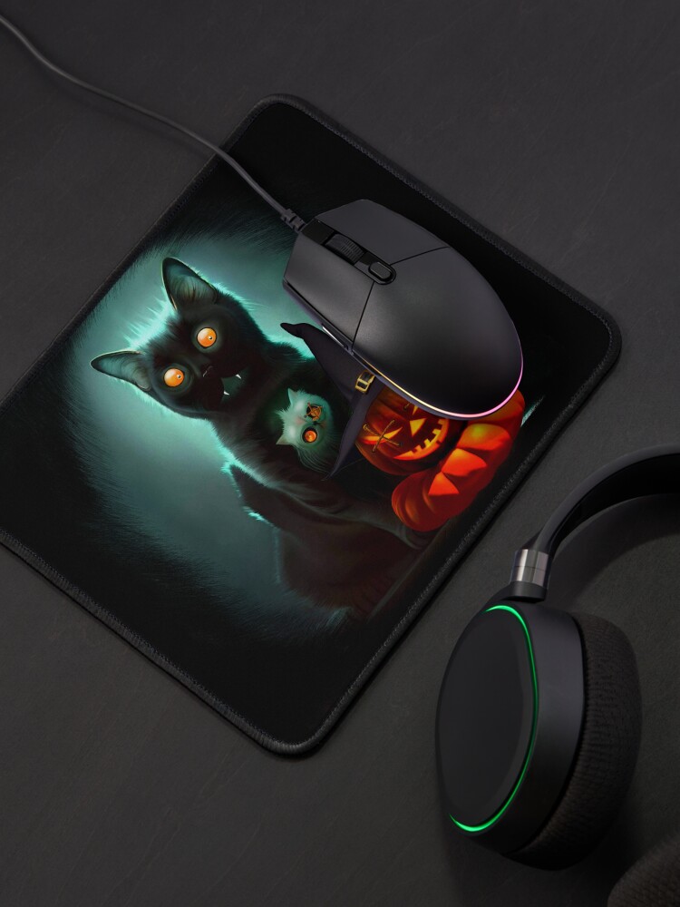Alternate view of Vampire Cat and Wizard Pumpkin Halloween Surreal Art Mouse Pad