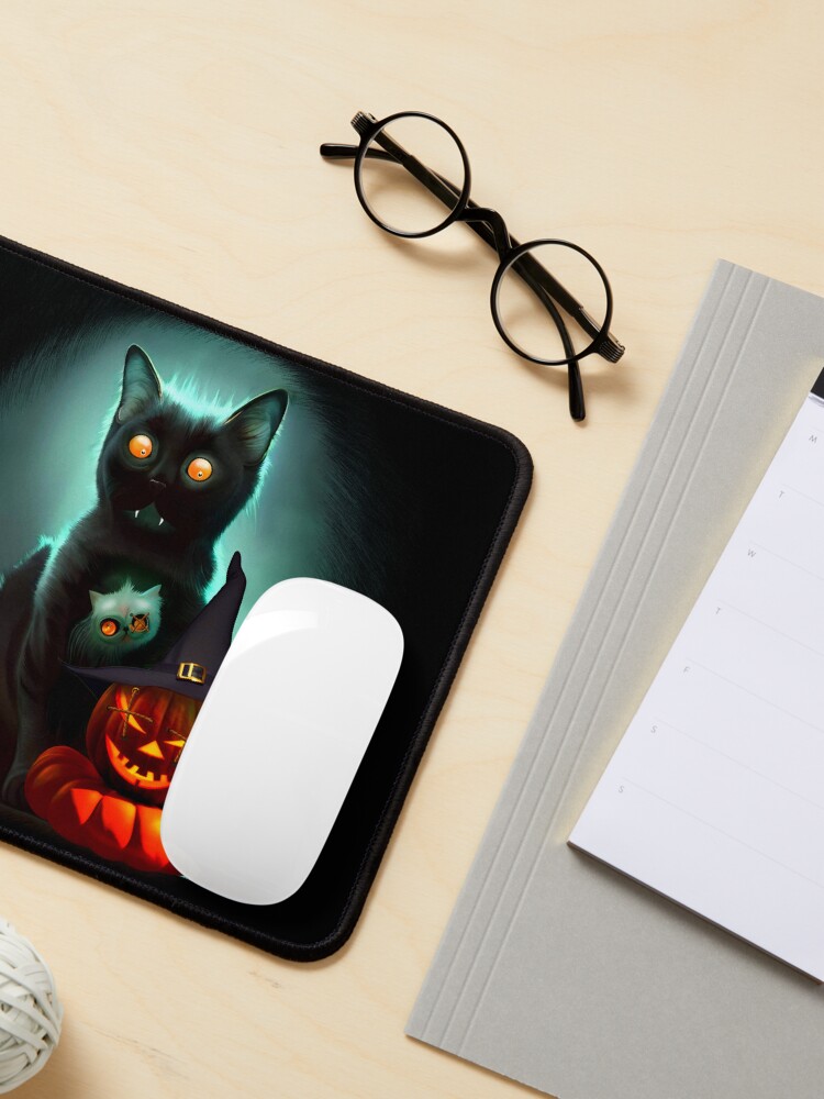 Alternate view of Vampire Cat and Wizard Pumpkin Halloween Surreal Art Mouse Pad