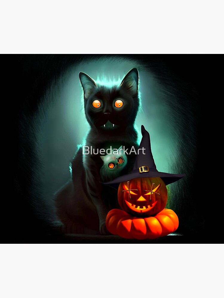 Vampire Cat and Wizard Pumpkin Halloween Surreal Art by BluedarkArt
