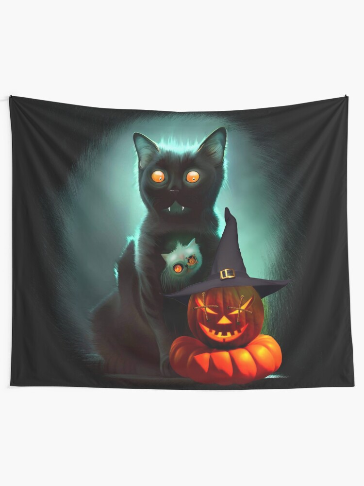 Alternate view of Vampire Cat and Wizard Pumpkin Halloween Surreal Art Tapestry