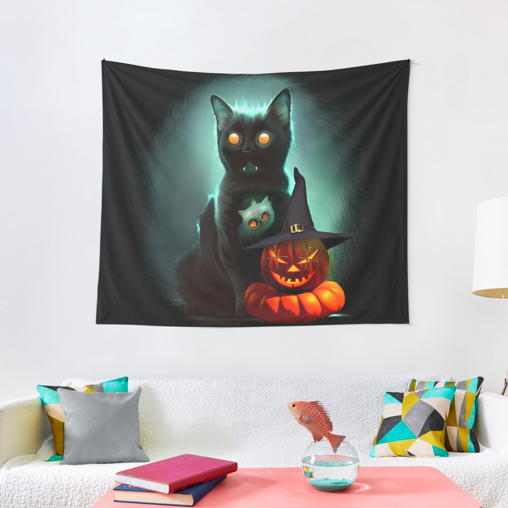 Vampire Cat and Wizard Pumpkin Halloween Surreal Art Tapestry