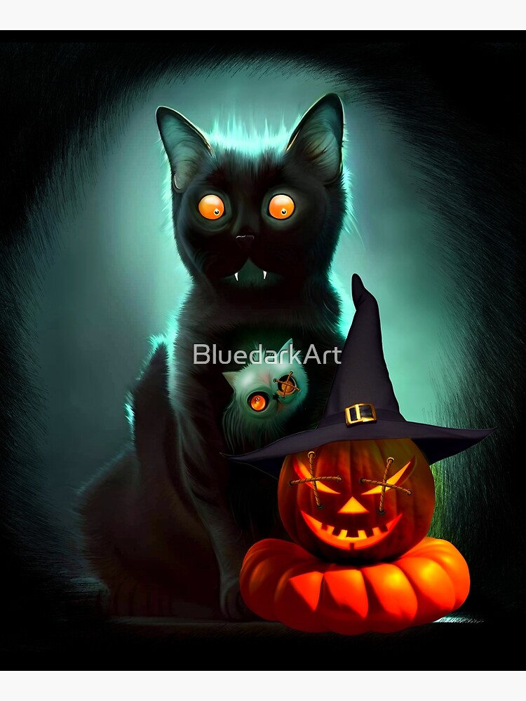 Vampire Cat and Wizard Pumpkin Halloween Surreal Art by BluedarkArt