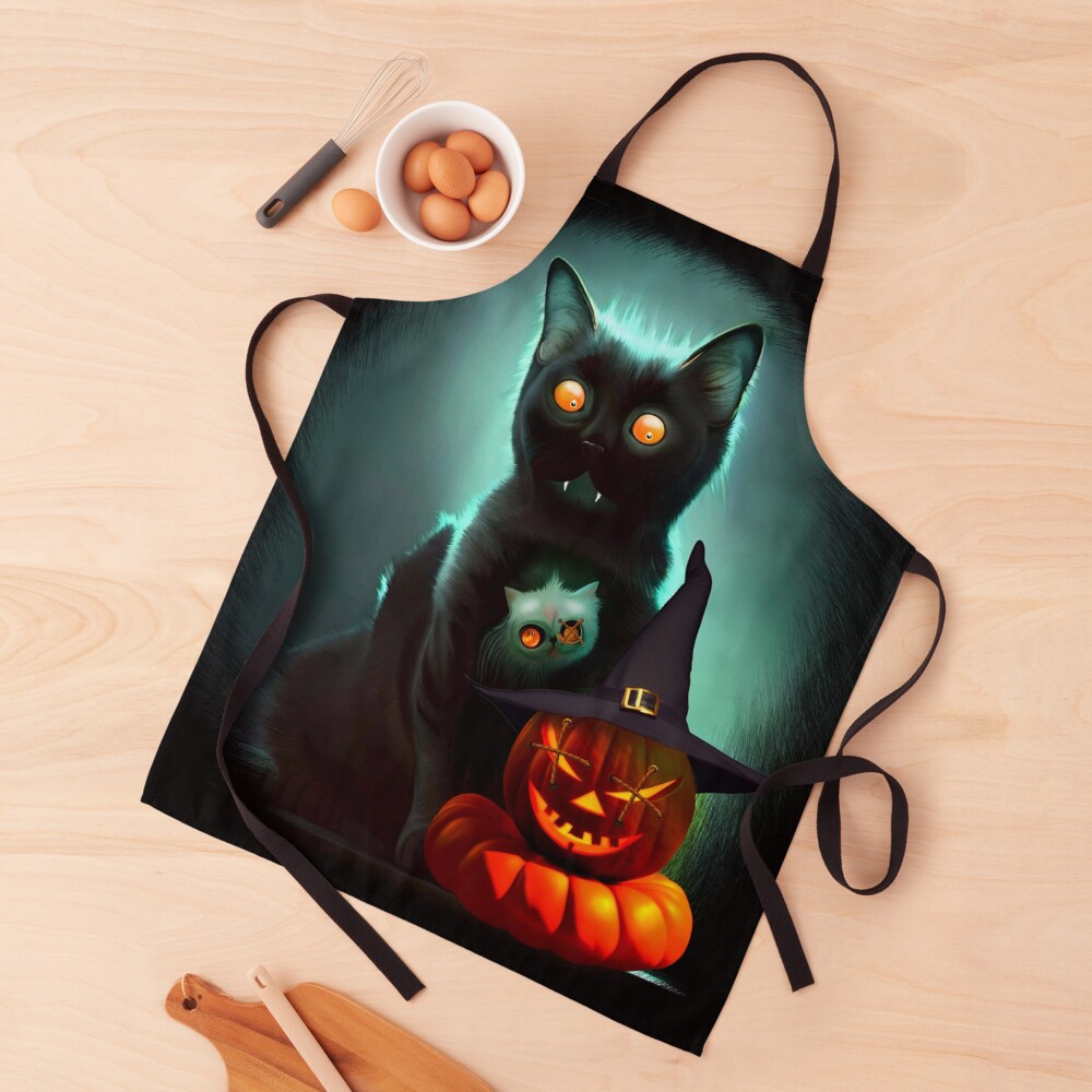 Vampire Cat and Wizard Pumpkin Halloween Surreal Art Apron