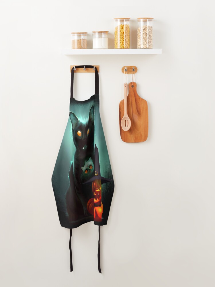 Alternate view of Vampire Cat and Wizard Pumpkin Halloween Surreal Art Apron