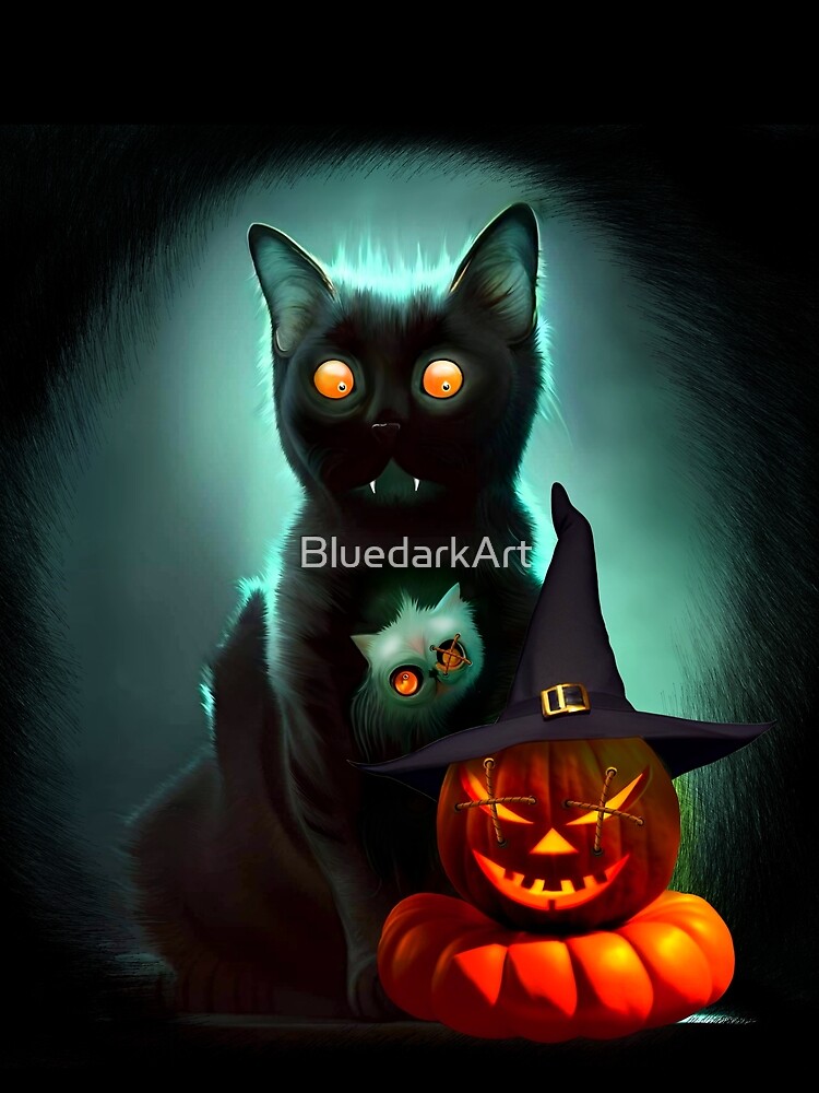 Vampire Cat and Wizard Pumpkin Halloween Surreal Art by BluedarkArt