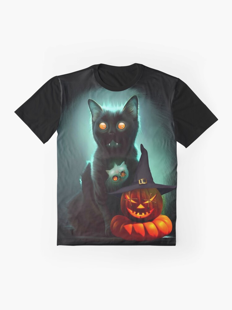 Alternate view of Vampire Cat and Wizard Pumpkin Halloween Surreal Art Graphic T-Shirt