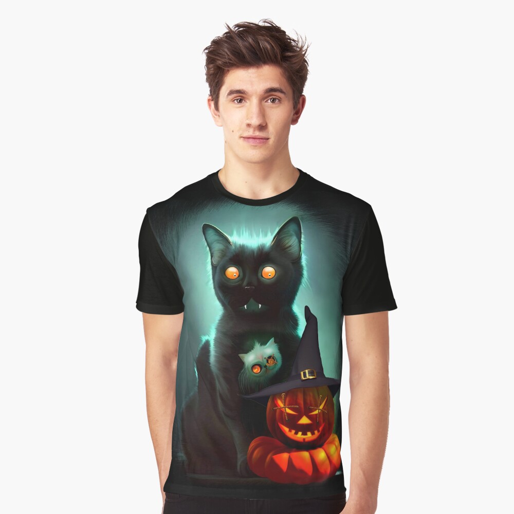 Vampire Cat and Wizard Pumpkin Halloween Surreal Art Graphic T-Shirt