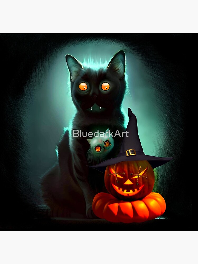 Vampire Cat and Wizard Pumpkin Halloween Surreal Art by BluedarkArt
