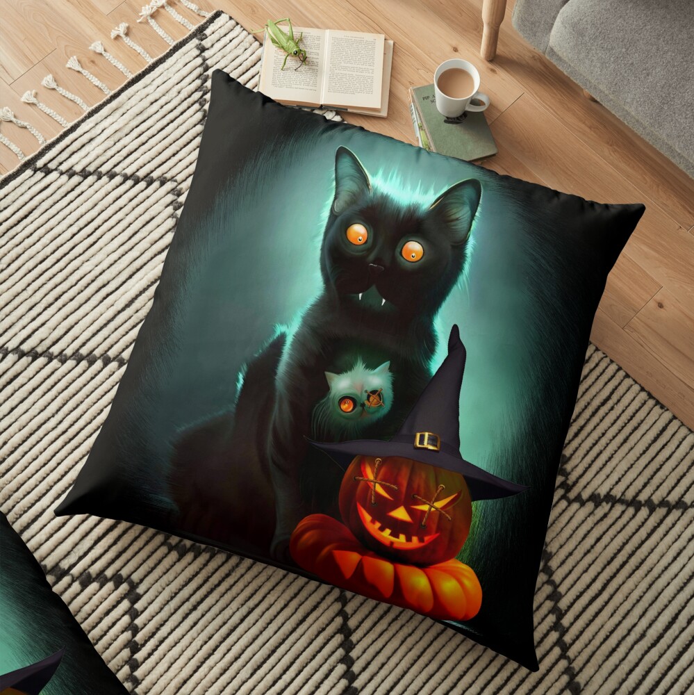 Vampire Cat and Wizard Pumpkin Halloween Surreal Art Floor Pillow